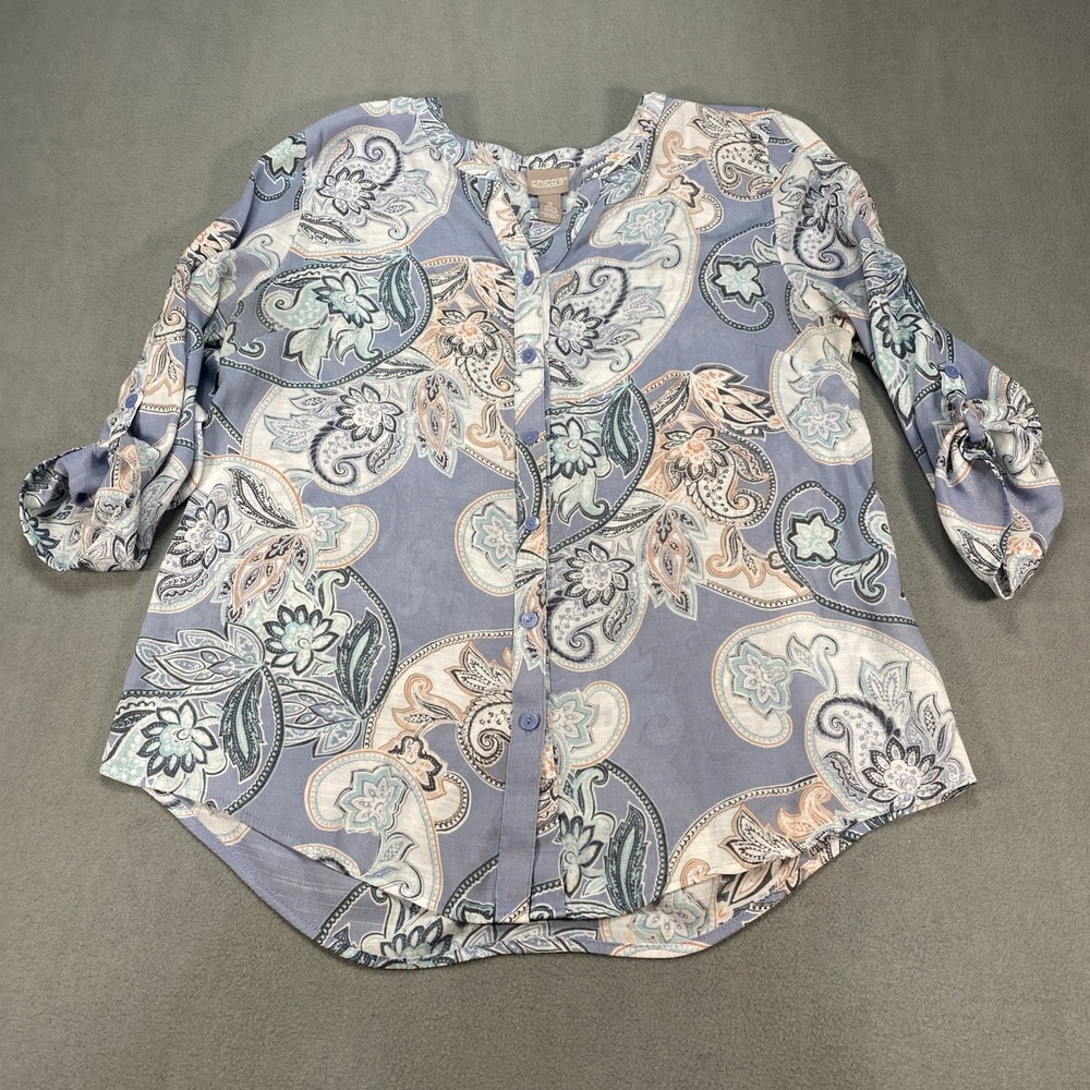 Chicos Size 2 (Large) Sheer Button Down Blue Paisley 3/4 Roll Tab Sleeve